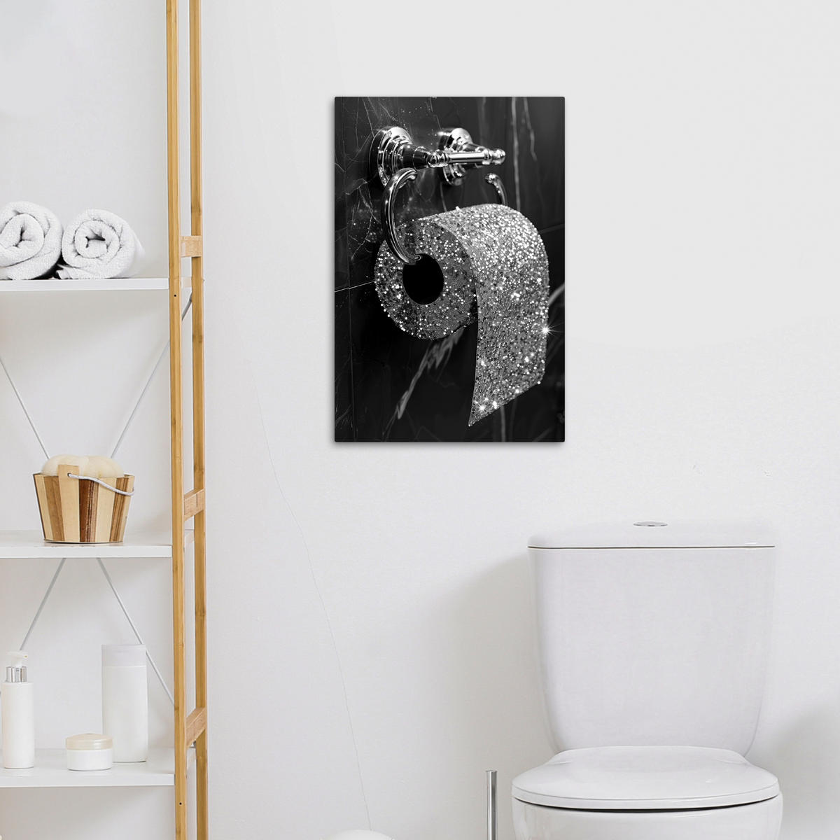 LEINWANDBILD WC - Toilettenpapier - Schwarz und weiß - Glitter 40x60 cm - Silberfarben, Textil (40/60cm) - MuchoWow