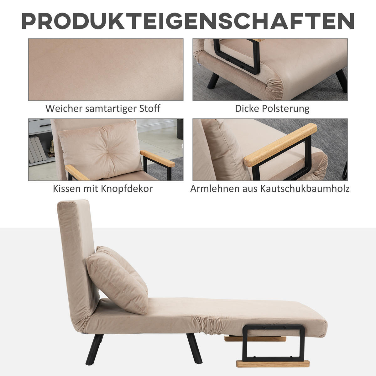 SCHLAFSESSEL, Einzelsofa mit Bettfunktion, Relaxsessel mit Rückenkissen Beige - Beige/Schwarz, Holz/Textil (73/81/63cm) - HOMCOM