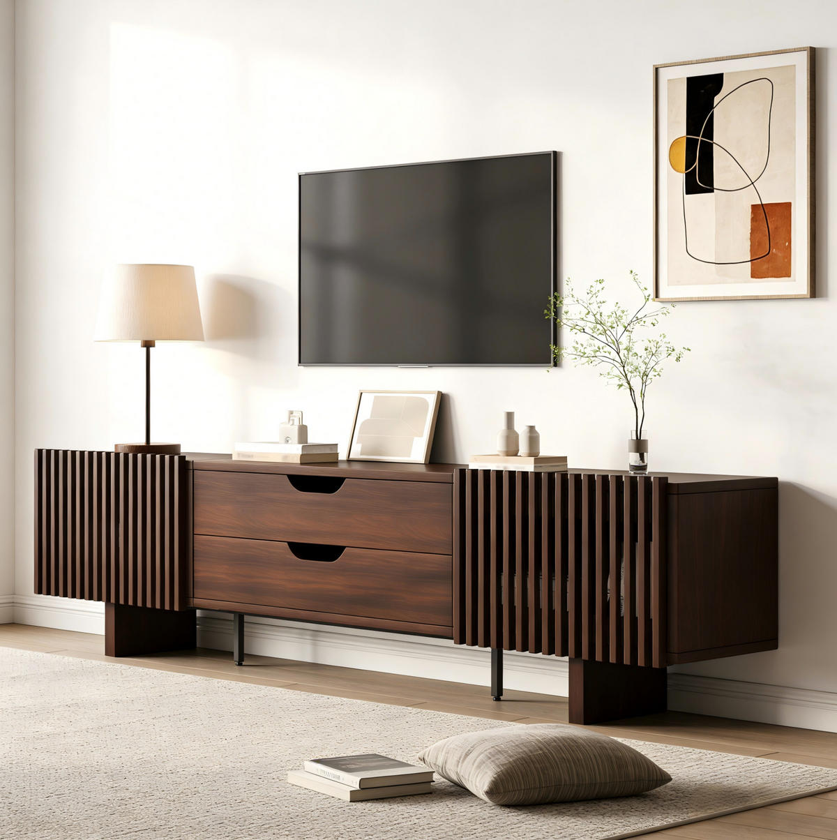 TV ormarić od MDF-a 180x40x45 cm tamni orah s 2 ladice i lamelnim vratima, za TV do 75 inča - smeđa, drvni materijal (180/45/40cm) - Modfu