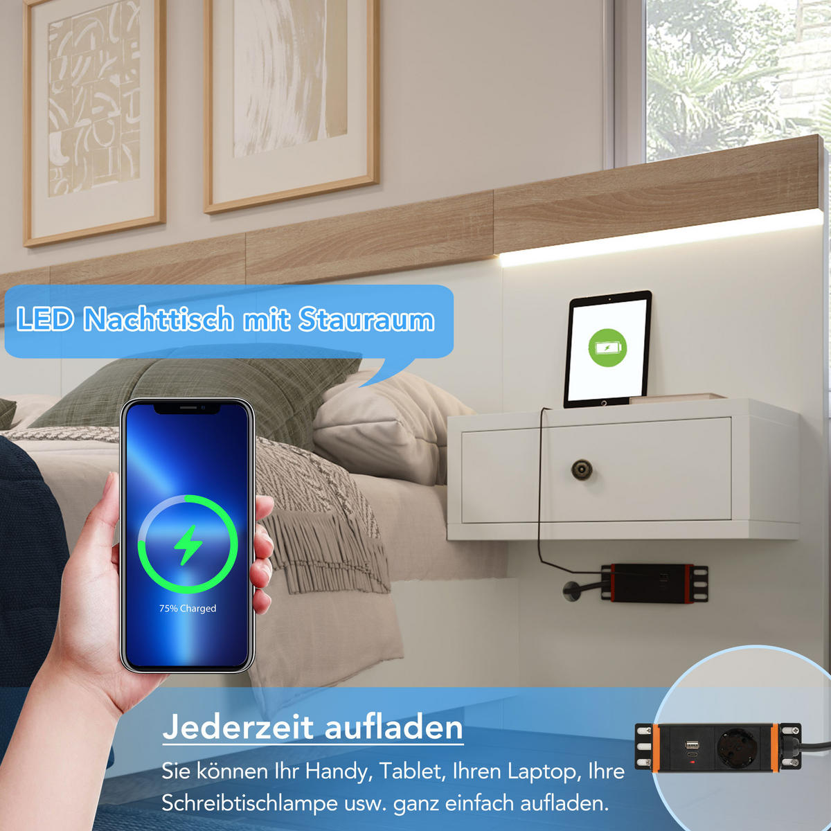 POLSTERBETT Weiß 160x200cm Eiche LED Stauraum Nachttische USB - Beige, Holzwerkstoff/Textil - Urban Meuble