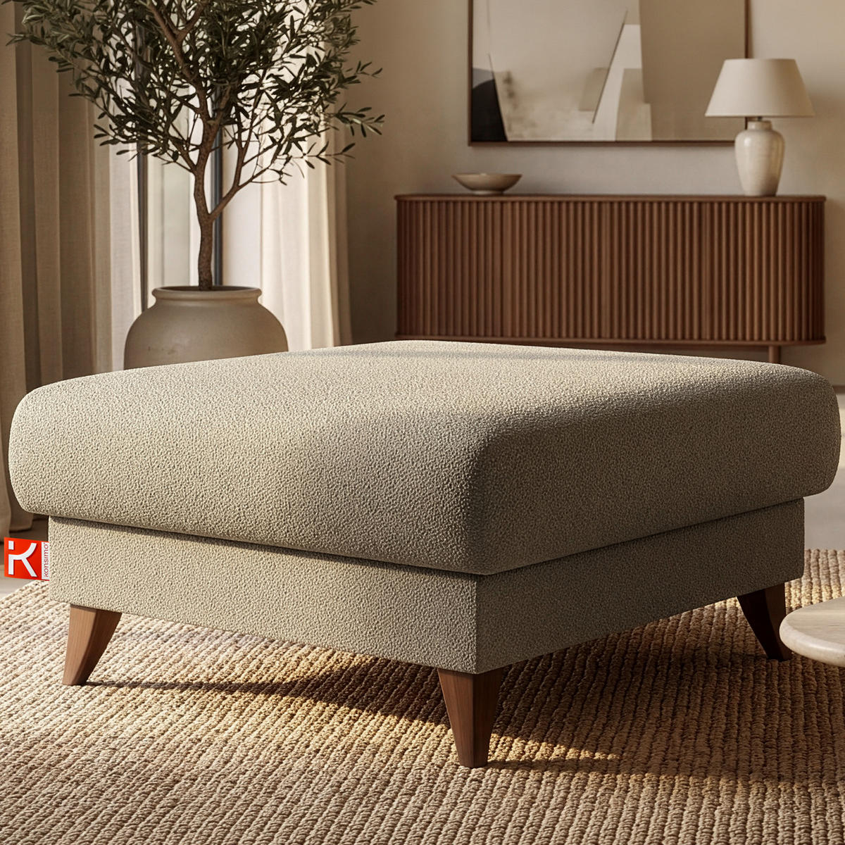 HOCKER GUSTAVO Bouclé, Dunkelbeige - Graubraun/Beige, Holz/Holzwerkstoff (92/49/92cm) - KONSIMO®