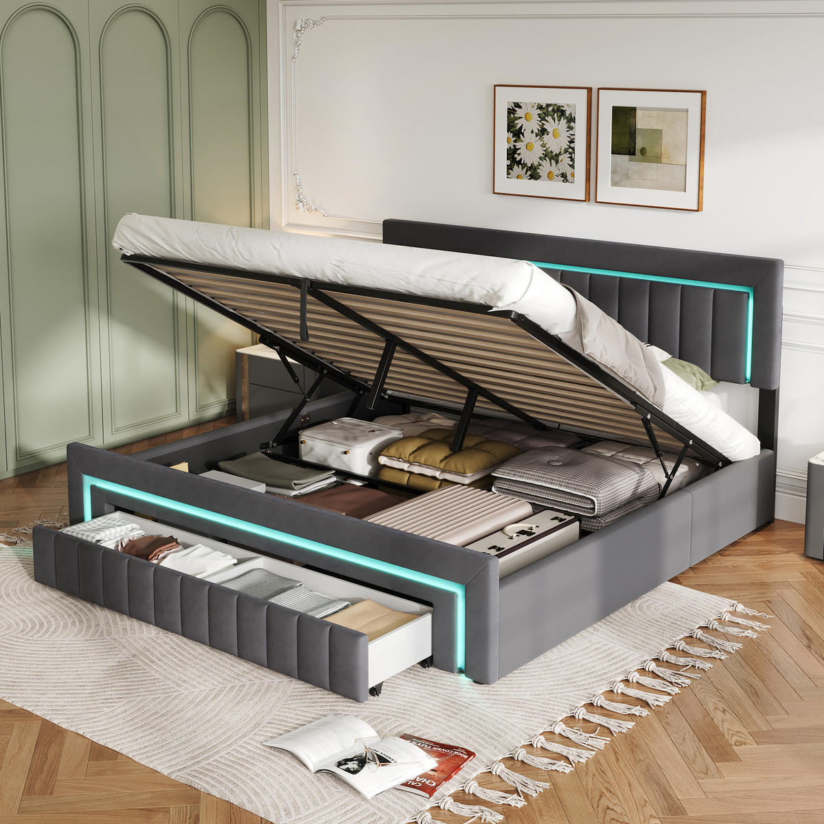 POLSTERBETT 160/200 mit Bettkasten und Schubladen , mit LED, ohne Matratze - Grau, Holzwerkstoff/Textil (160/200cm) - STILVORA