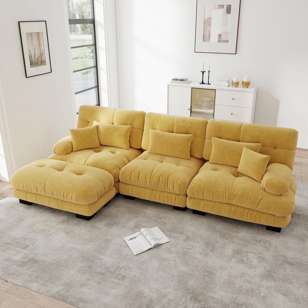 ECKSOFA Chenille Gelb mit Ottomane und Kissen - Gelb, Textil (313/145cm) - WISHDOR