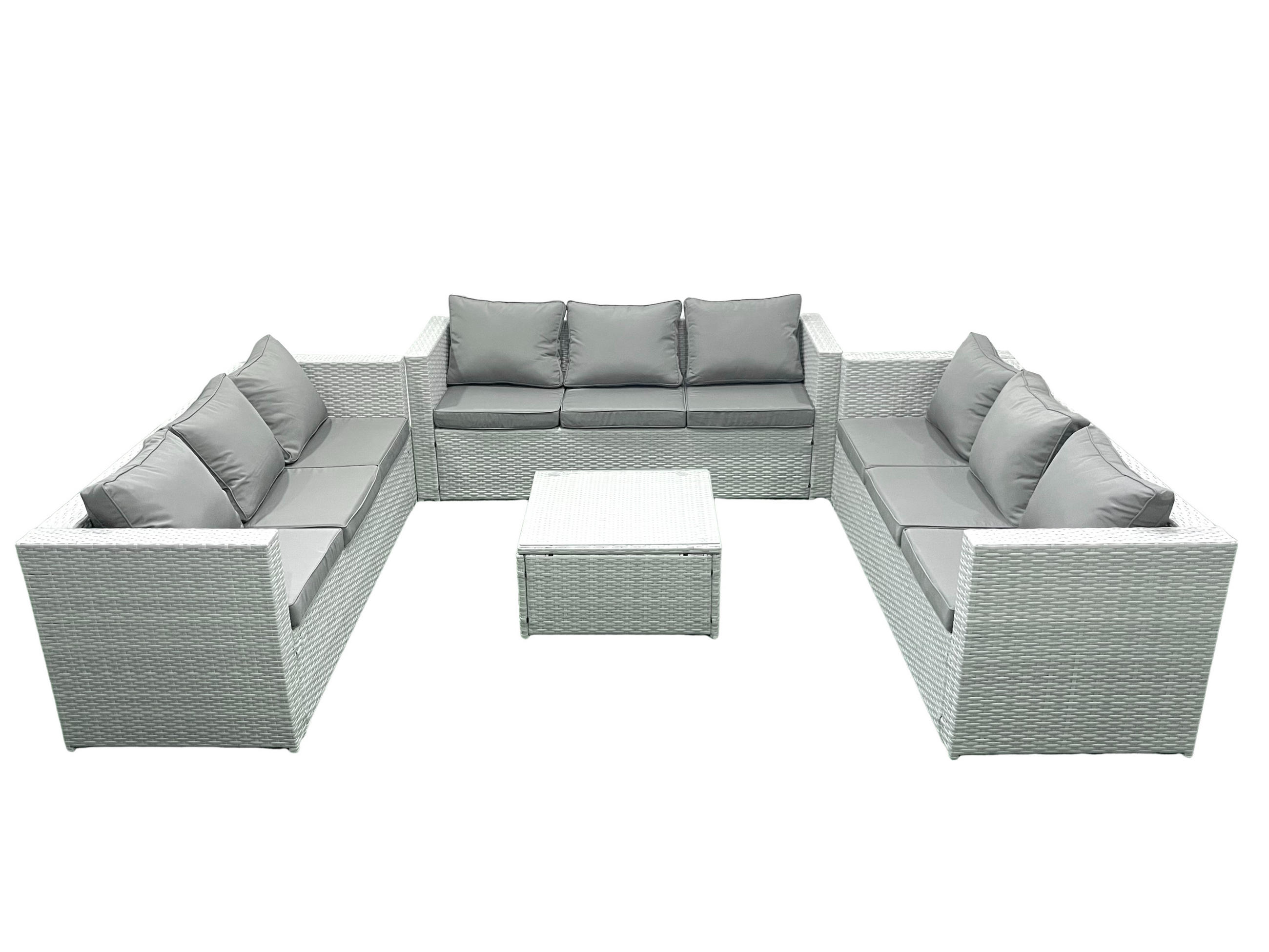 GARTENMÖBELSET mit 3-SITZER SOFA,COUCHTISCH Polyrattan Hellgrau-Mix 9-Sitzer - Hellgrau/Grau, Glas/Kunststoff - Fimous