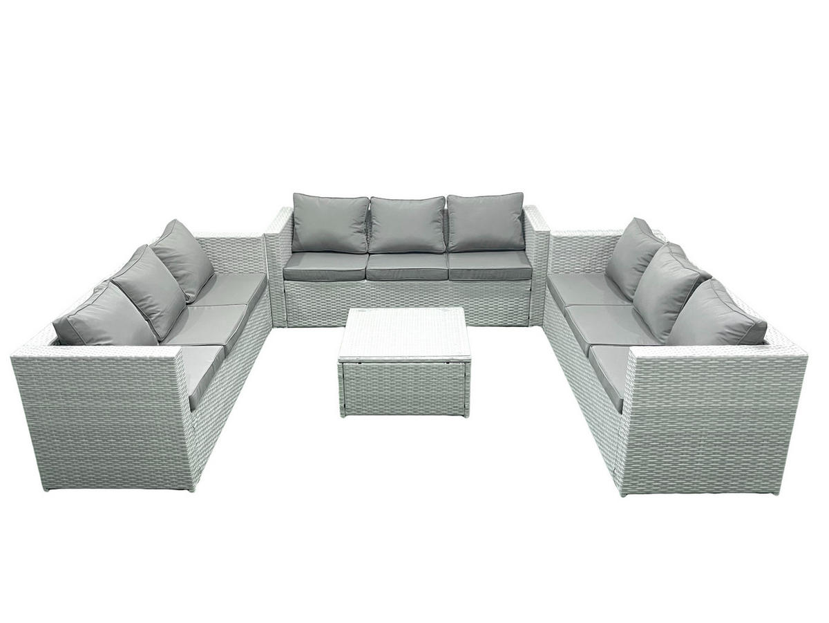 GARTENMÖBELSET mit 3-SITZER SOFA,COUCHTISCH Polyrattan Hellgrau-Mix 9-Sitzer - Hellgrau/Grau, Glas/Kunststoff - Fimous