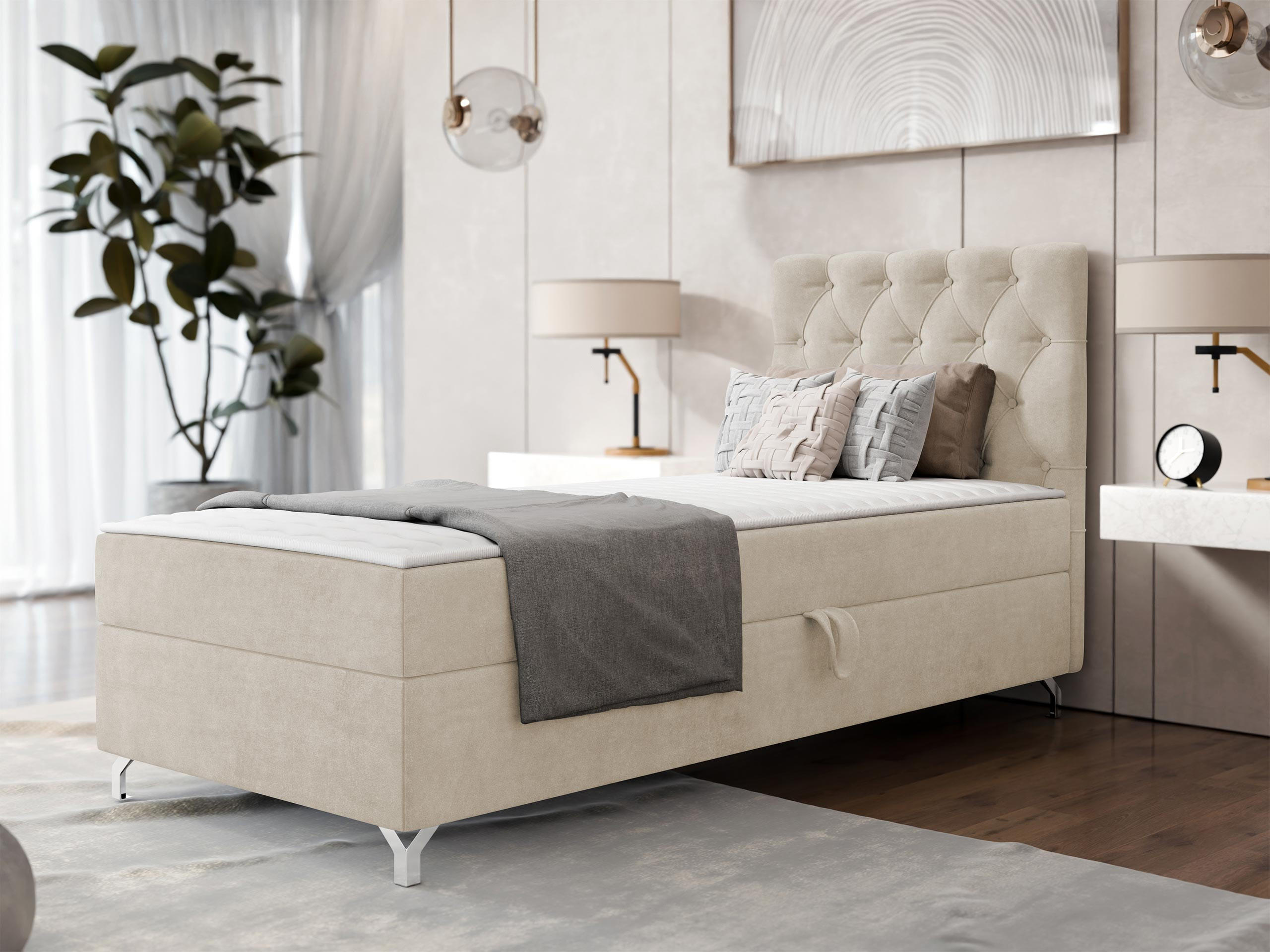 BOXBETT Chester 1, Seite: Rechts - Silberfarben/Naturfarben, Holz/Textil (90/200cm) - MIRJAN24
