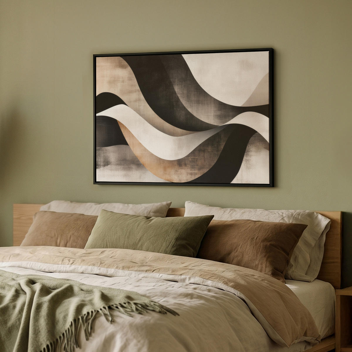 LEINWAND Bilder mit Rahmen - Abstrakt - Wellen - Schwarz - Verwittert - 80x60 - Trüffeleichefarben, Textil (80/60cm) - MuchoWow