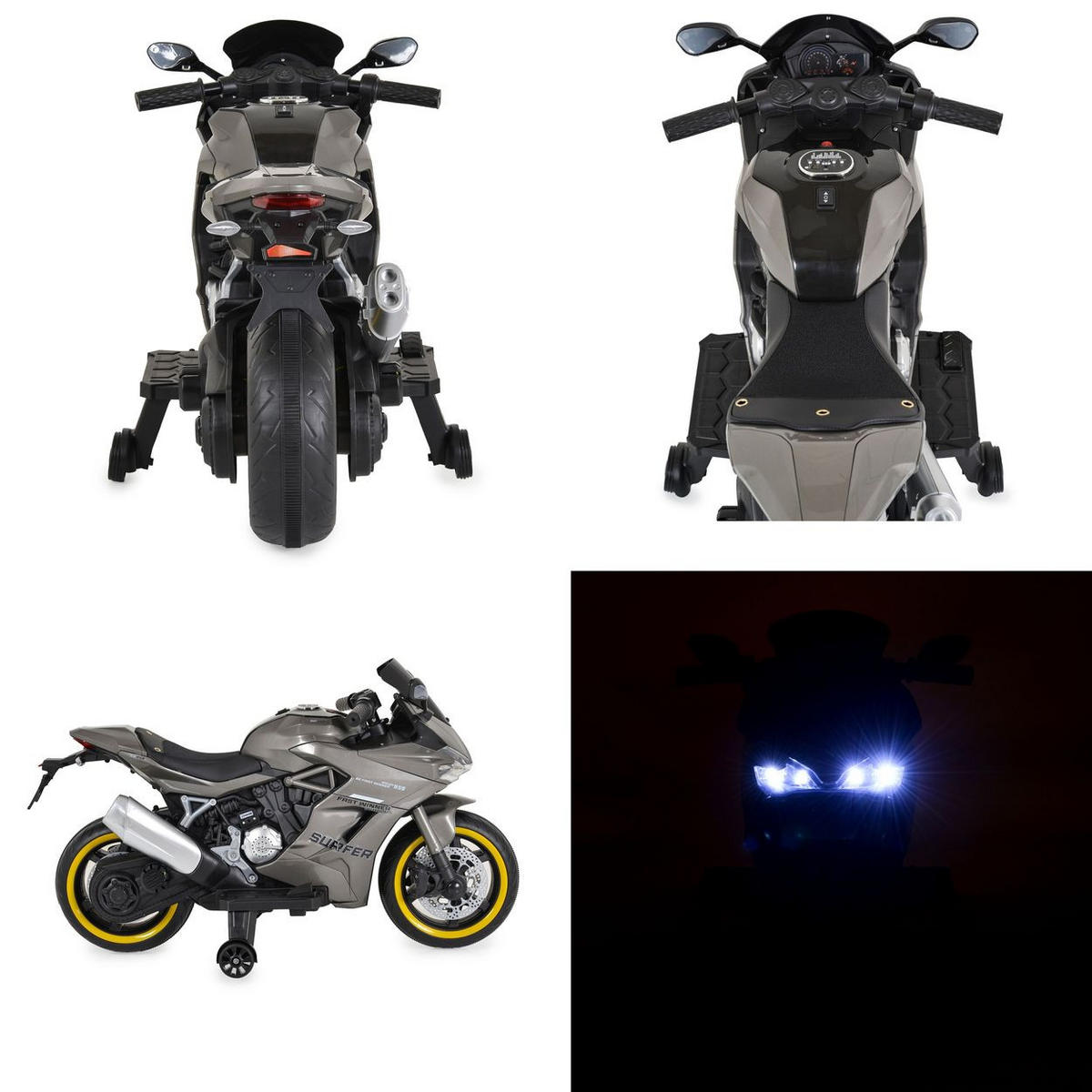 ELEKTROMOTORRAD Surfer grau Stützräder Fußstütze Bluetooth MP3-Ausgang - Grau, Kunststoff (115/57/70cm) - Moni