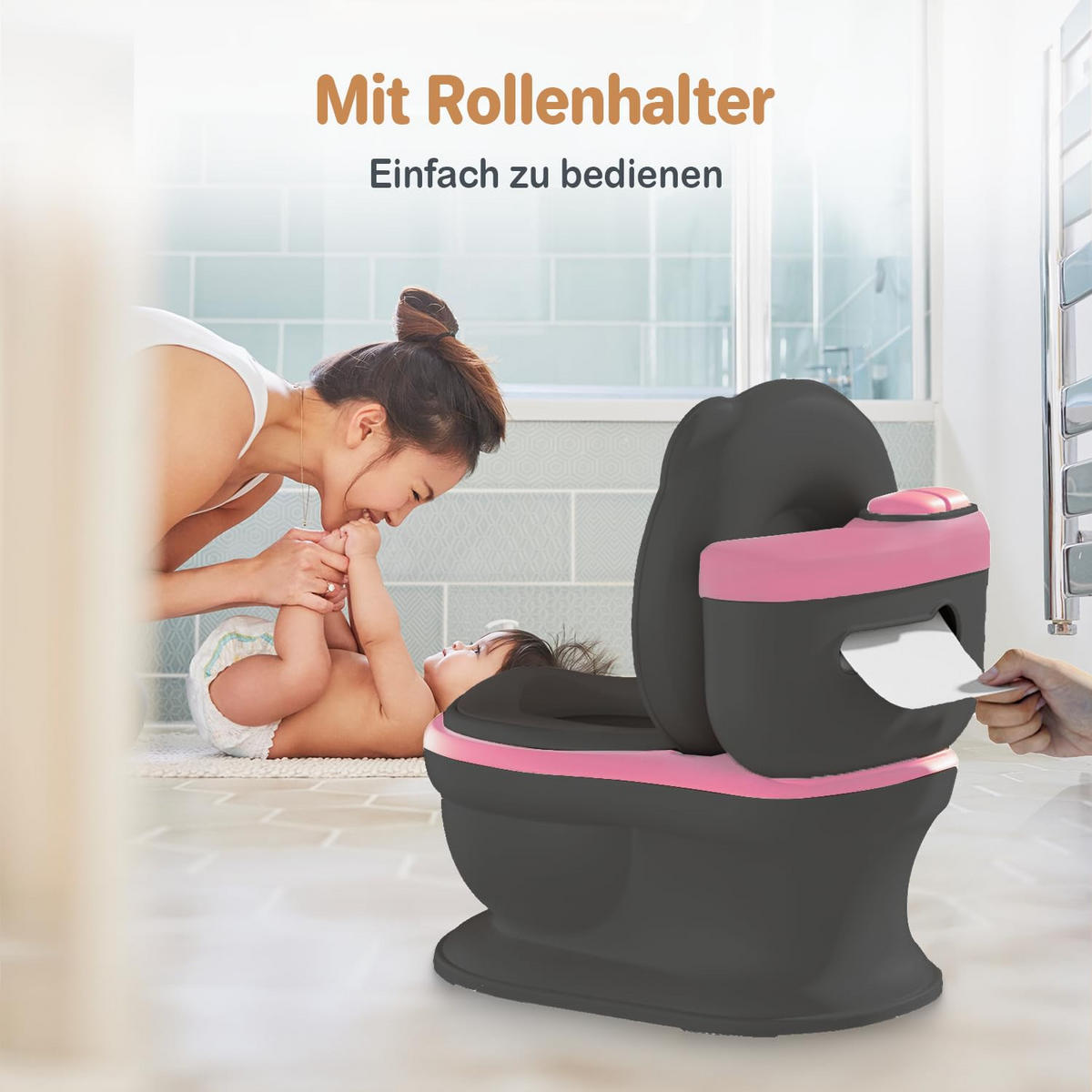 TÖPFCHEN 3-in-1 Potty Trainer & Kindertoilette Schwarz Rosa - Pink/Schwarz, Kunststoff (39/40cm) - Twinky
