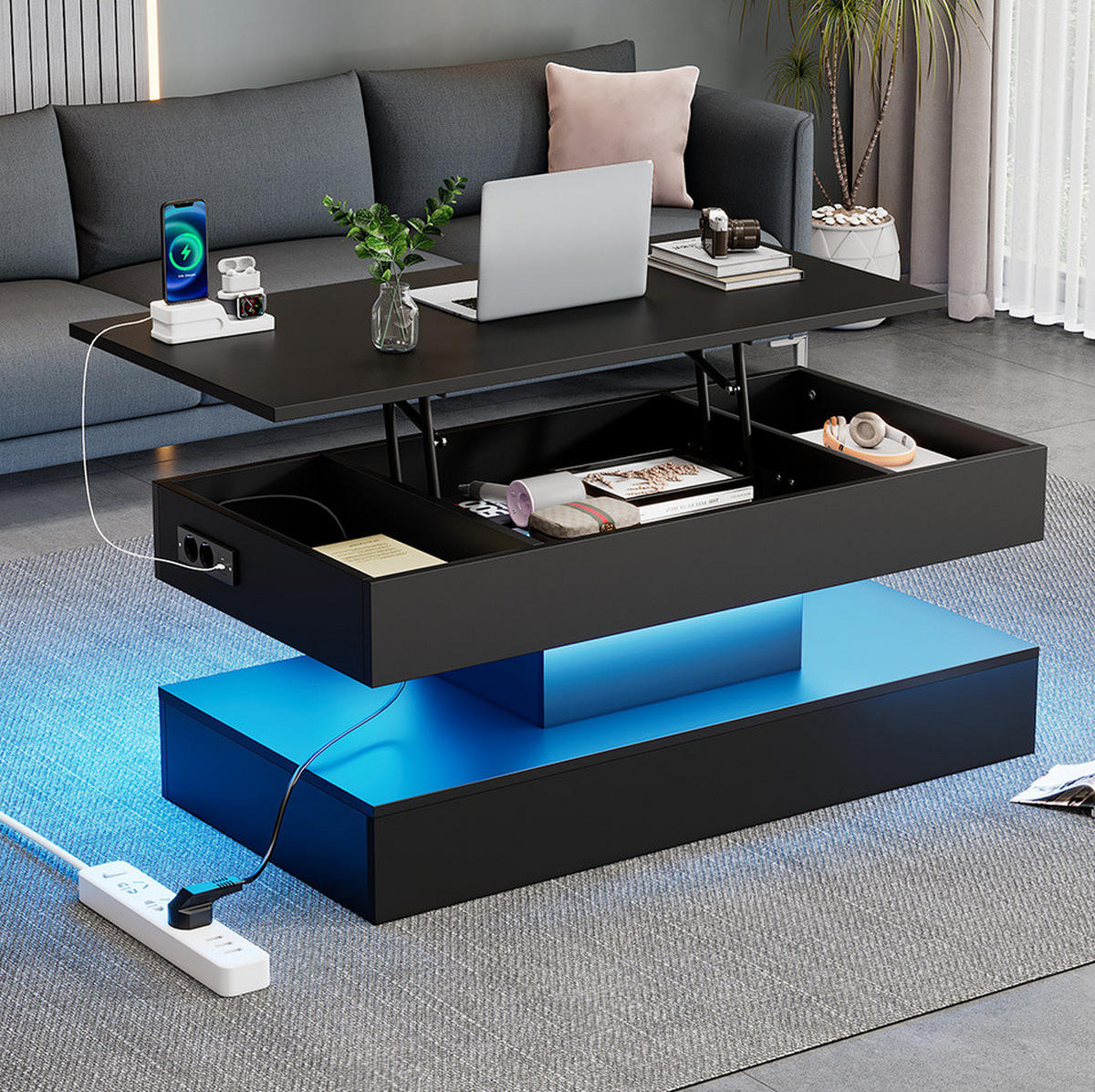 COUCHTISCH 100/50/42 cm in Schwarz, höhenverstellbar mit LED-Beleuchtung - Schwarz, Holzwerkstoff (100/50/42cm) - Flora Grace