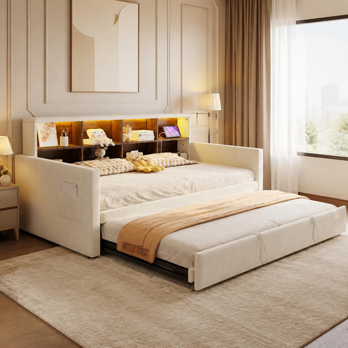 POLSTERBETT 90/190 mit Ausziehbett, LED-Lichtleiste, Stauraum und Ladesteckdosen in Beige - Beige, Holzwerkstoff/Textil (90/190cm) - EVRYAE
