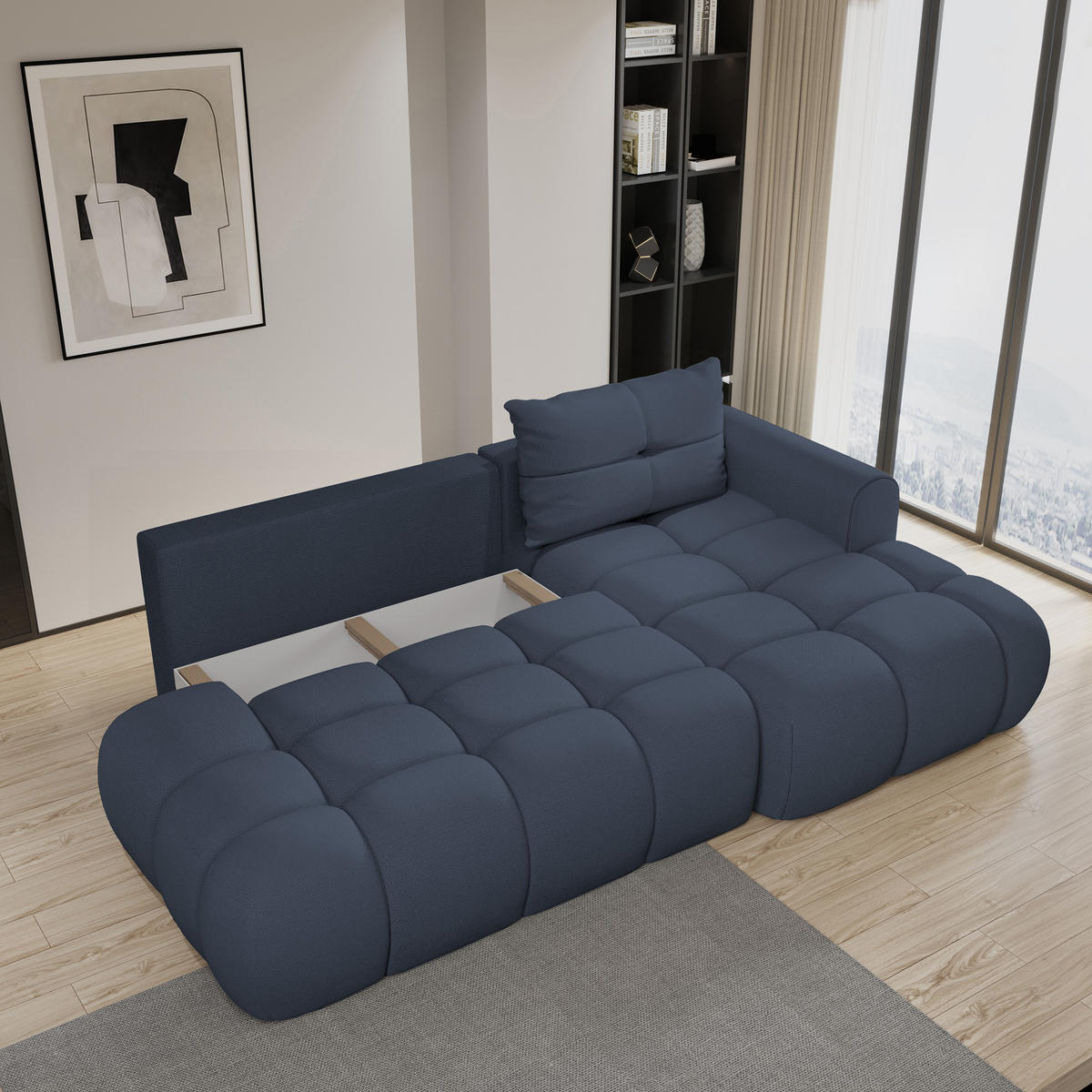 ECKSOFA FLUMA R-S Blau Geflochtener Stoff mit Schlaffunktion - Blau, Holz (274/165cm) - MASSENO