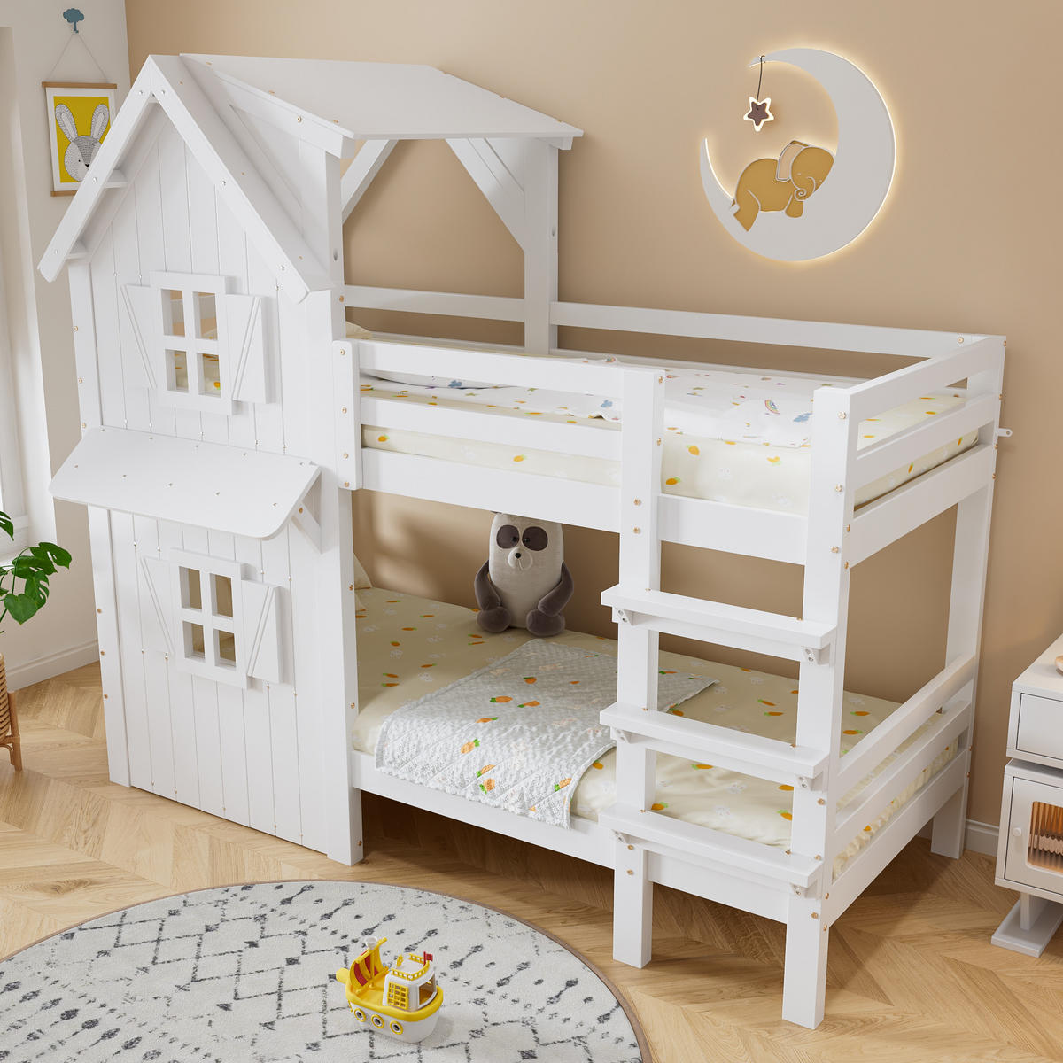 ETAGENBETT 90/200 cm Weiß mit schönen Fenstern und seitlichen Sicherheitsgeländern - Weiß, Holzwerkstoff (90/200cm) - OKWISH