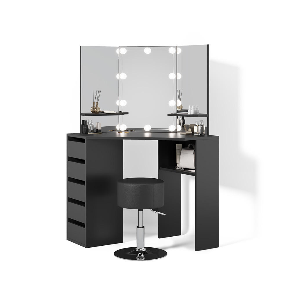 ECKSCHMINKTISCH Enna Schwarz 110 cm mit LED Beleuchtung und Hocker - Schwarz, Holzwerkstoff (110/141.5/54cm) - Livinity®