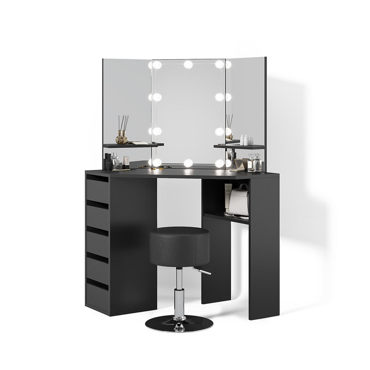 ECKSCHMINKTISCH Enna Schwarz 110 cm mit LED Beleuchtung und Hocker - Schwarz, Holzwerkstoff (110/141.5/54cm) - Livinity®