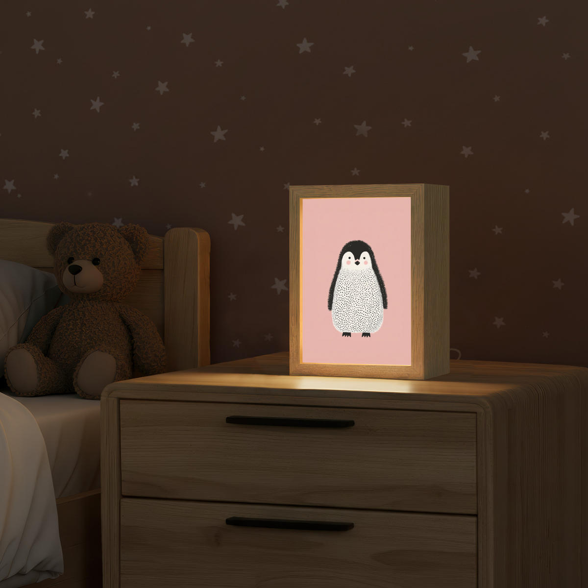 NACHTTISCHLAMPE Pinguin - Punkte - Minimalistisch - Rosa 15x20 cm - Rosa, Holzwerkstoff (8/15/20cm)