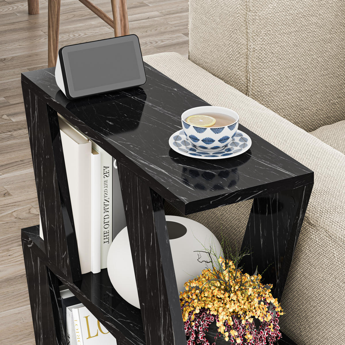 BEISTELLTISCH Lazena Schwarzer Marmoreffekt matt 60/22/55,4 cm - Graphitfarben, Holzwerkstoff (22/60/55.4cm) - Decortie