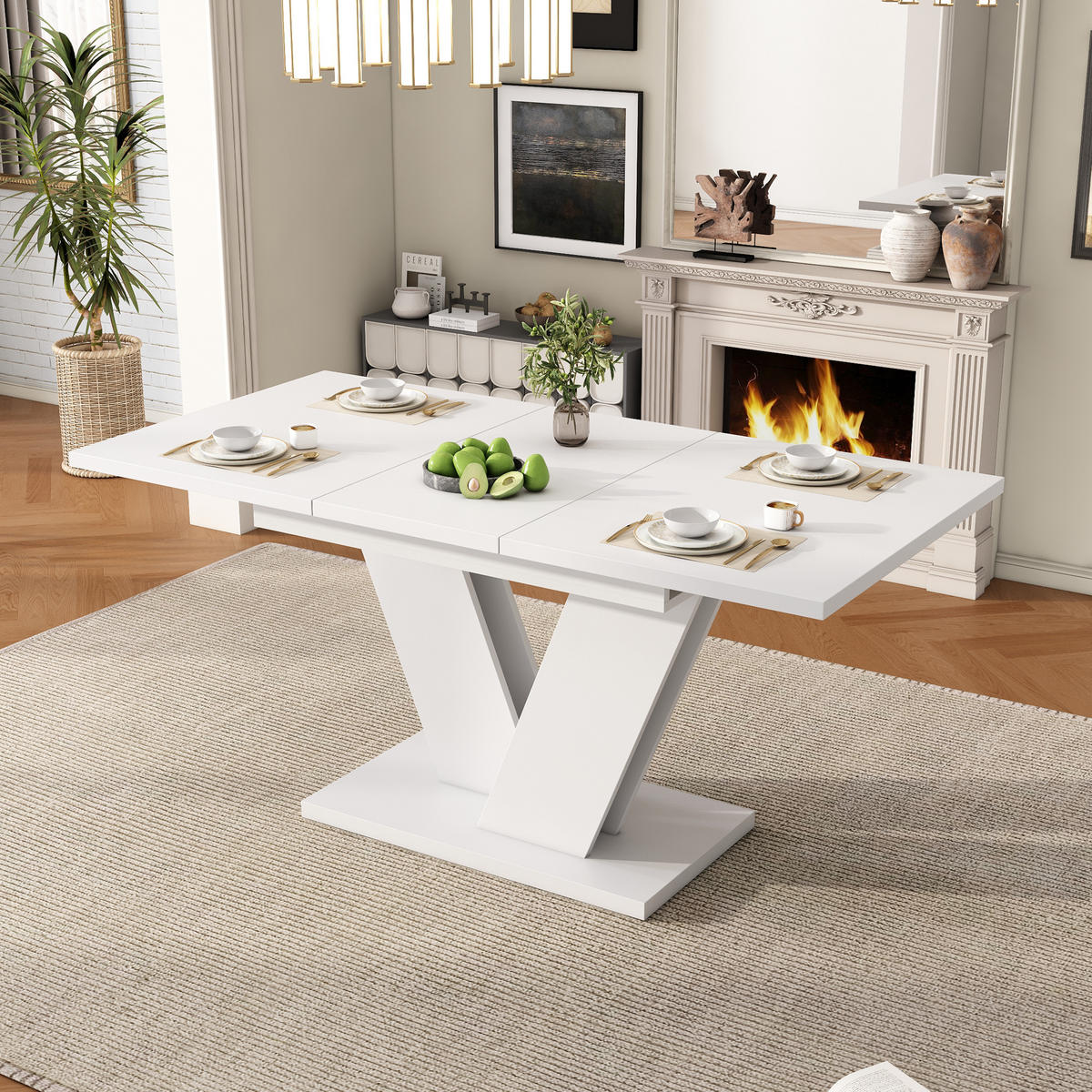 ESSTISCH in Weiß ausziehbarer Küchentisch mit verdickter Tischplatte und V-förmigen Beinen, B120-160/T80/H75.5cm - Weiß, Holzwerkstoff (80/160/75cm) - STILVORA