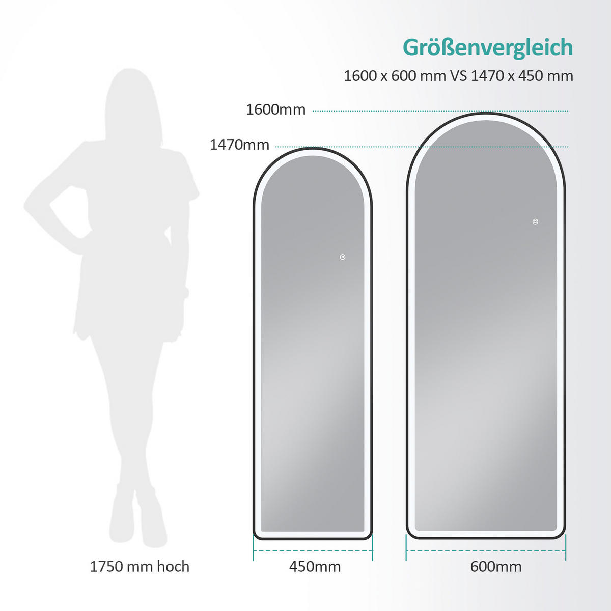STANDSPIEGEL mit Beleuchtung und Rahmen Schwarz 160/60 cm - Schwarz, Glas/Metall (60/160/160cm) - EMKE
