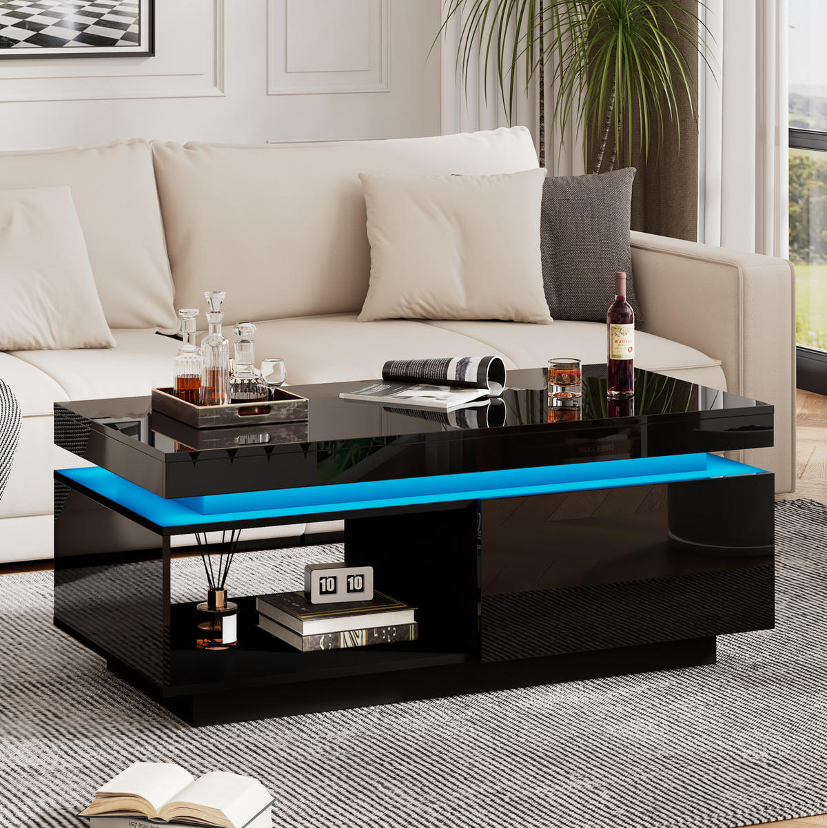 COUCHTISCH aus Spanplatte 100x50x40,3 cm in Schwarz mit LED-Beleuchtung - Schwarz, Holzwerkstoff (100/50/40.3cm) - Modfu