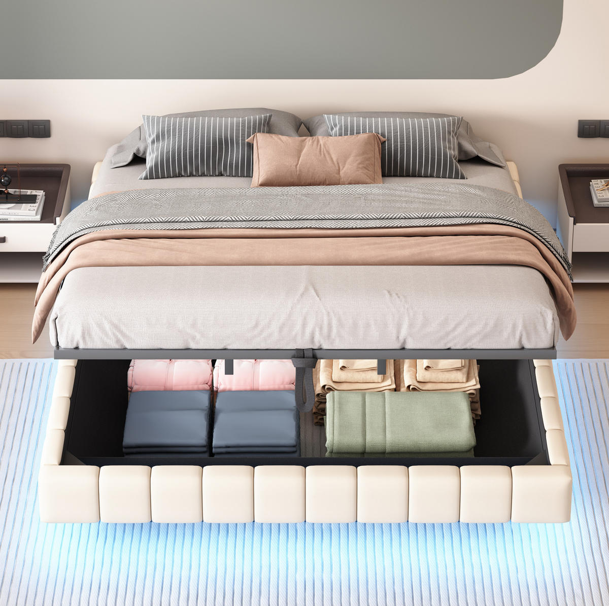 POLSTERBETT 180/200 cm Beige aus Stoff mit LED und Stauraum - Beige, Textil (180/200cm) - OKMYHOME