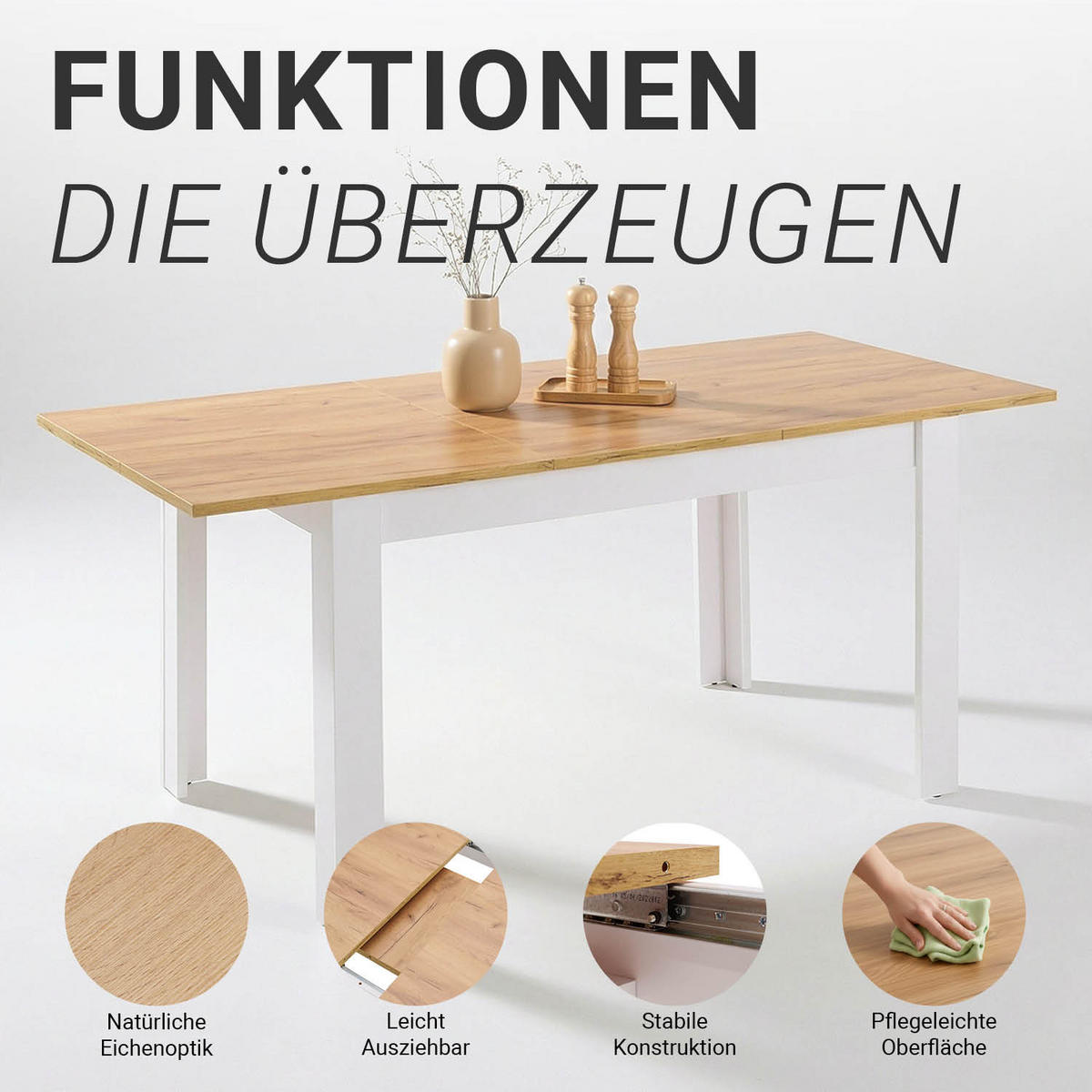 ESSTISCH Weiß in Naturholz135x86 cm ausziehbar - Weiß/Naturfarben, Holzwerkstoff (135/86/77cm) - Homestyle4u