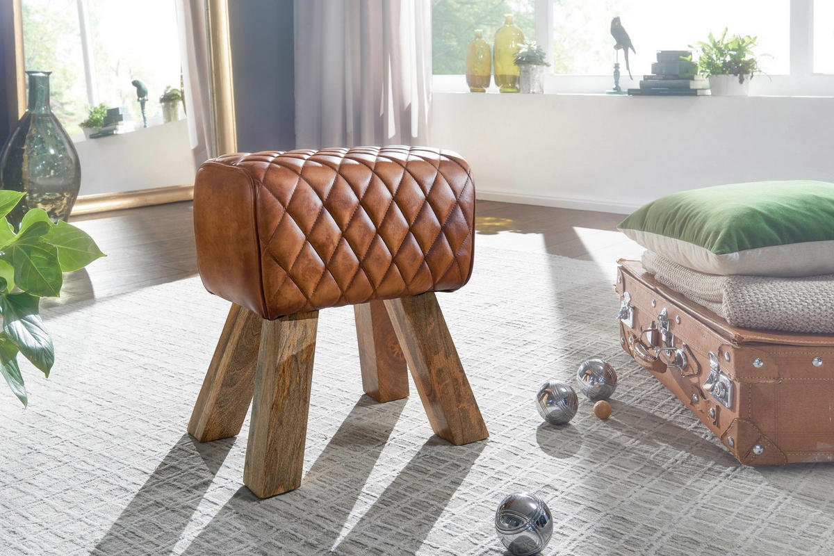 SITZHOCKER – Echtleder, Rautenmuster, robust - Braun, Mangoholz/Leder (40/48/27cm) - KADIMA DESIGN