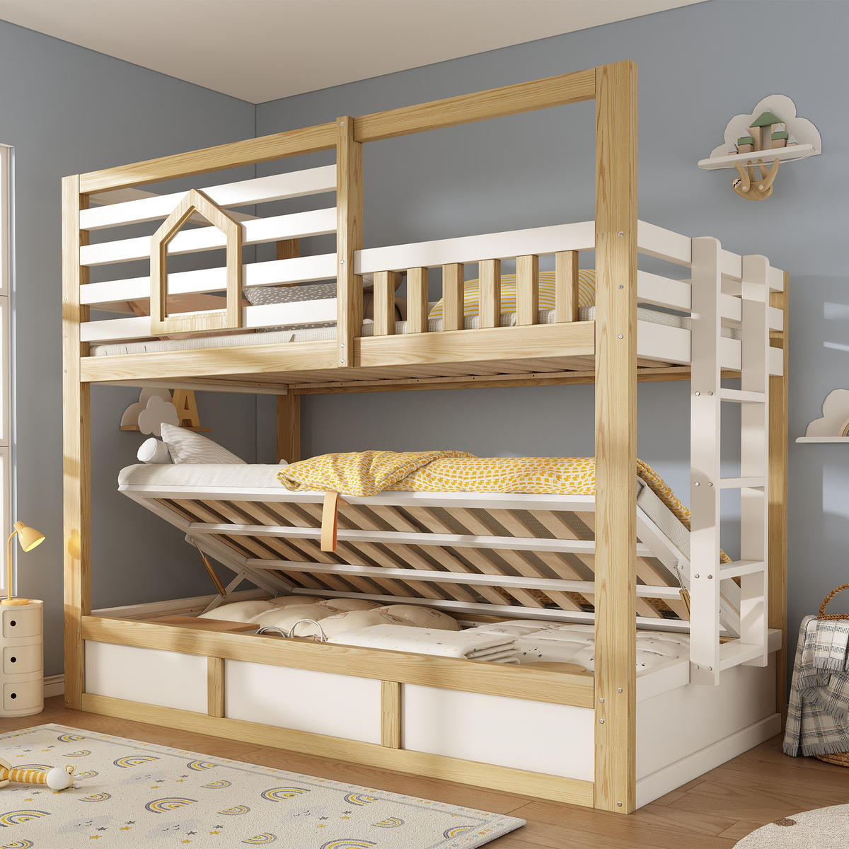 ETAGENBETT 90/200 cm & 90/200 cm in Weiß & Natur mit Stauraum - Weiß/Naturfarben, Holz/Holzwerkstoff (90/200cm) - WISHDOR