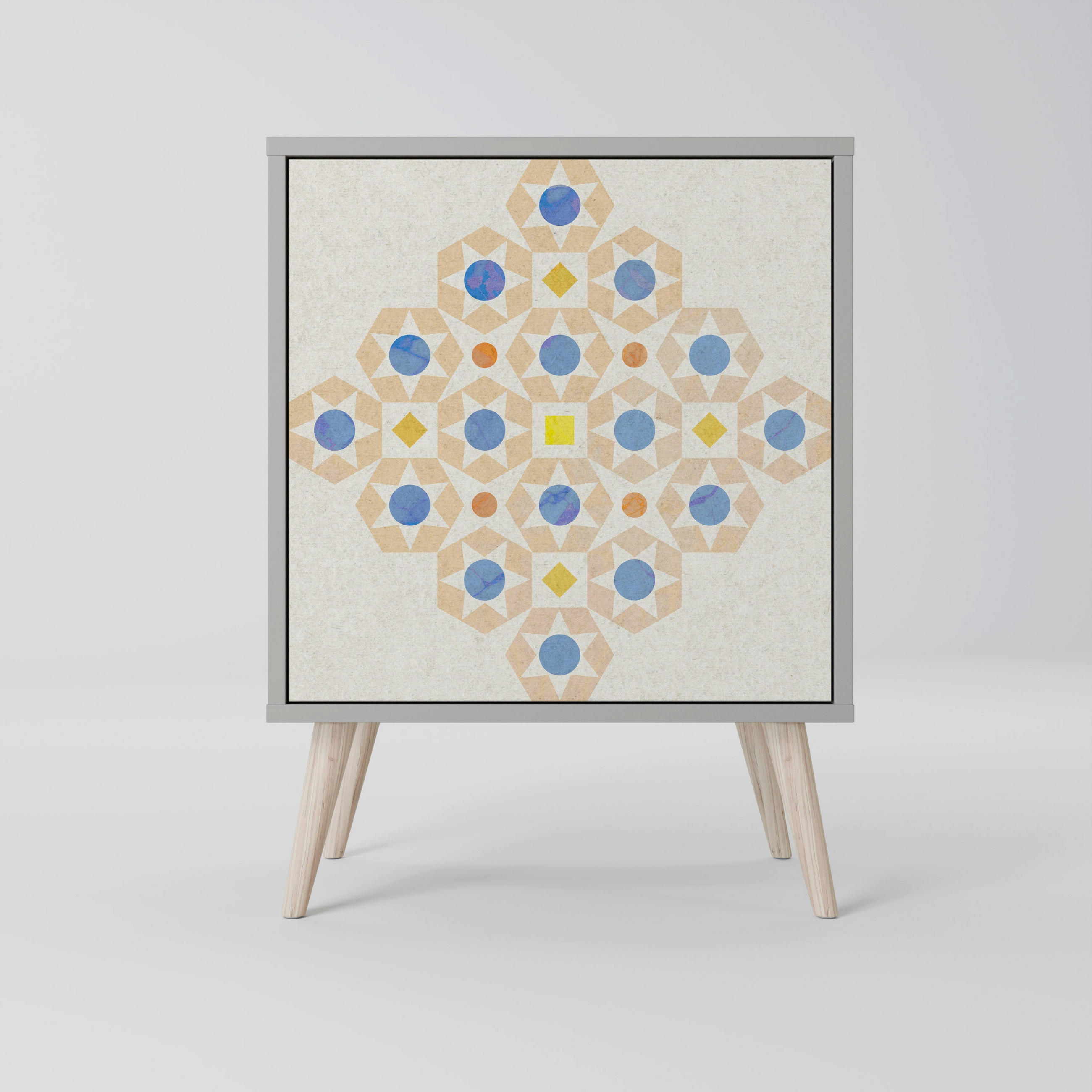 SIDEBOARD PATTERNED PRISM, Grau, 57,5x42x77,5 cm, Schräge Buchenholzfüße - Buchefarben/Multicolor, Holzwerkstoff/Buchenholz (57.5/77.5/42cm) - SpaceRebels