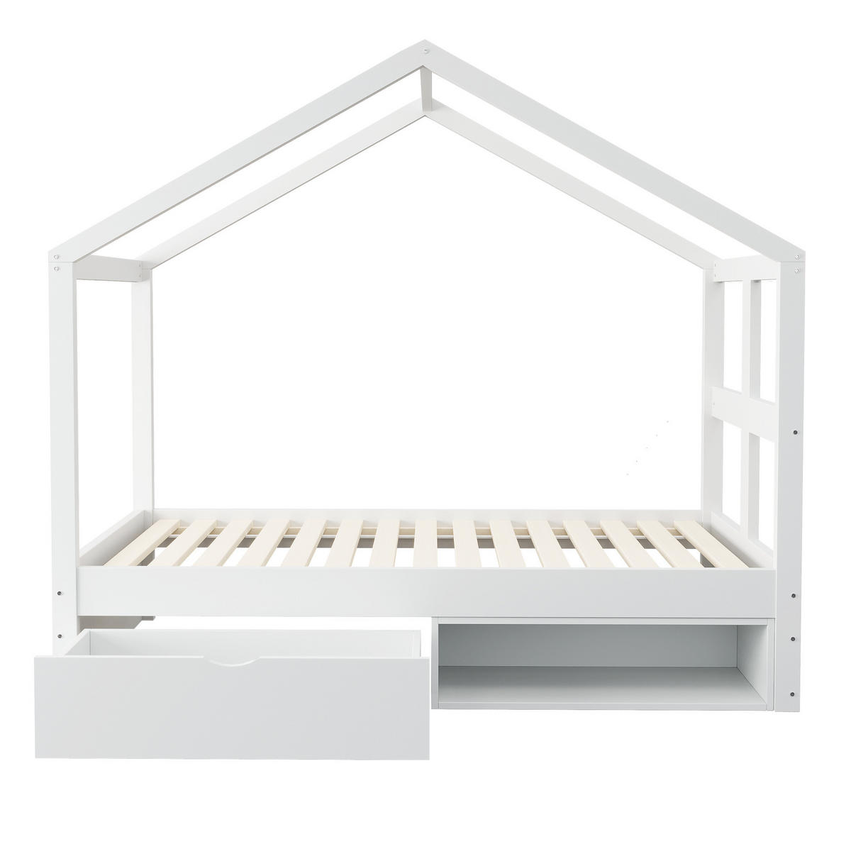 JUGENDBETT 90/180 cm weiß aus Holz mit LED, Schublade und Schuhschrank - Weiß, Holzwerkstoff (90/190cm) - OKWISH