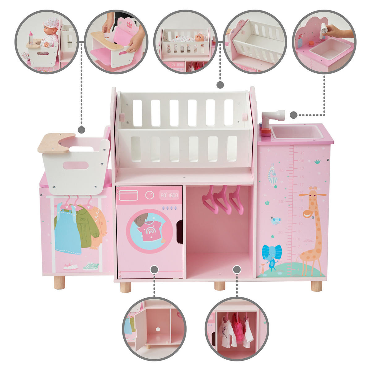 NURERY 6-in-1 Puppen mit Wiege, 63cm, Rosa - Pink, Holzwerkstoff (28/63/93cm) - Teamson Kids