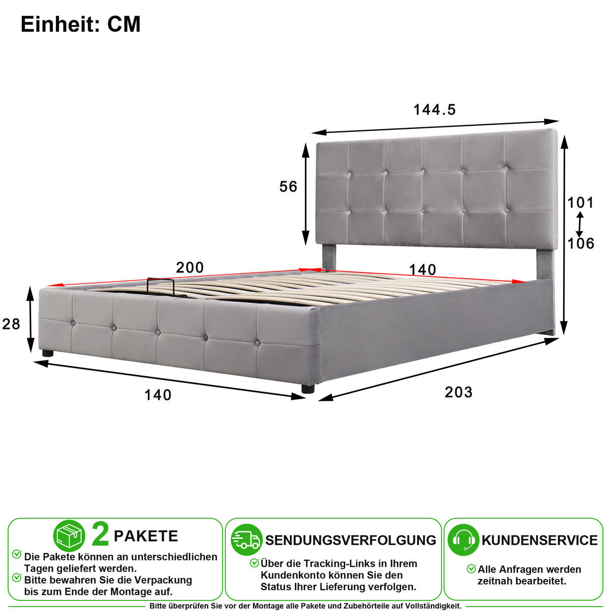 POLSTERBETT 140/200 cm in Grau mit Bettkasten, Metalllattenrost und höhenverstellbarem Kopfteil - Grau, Holzwerkstoff/Textil (140/200cm) - CHICFURN