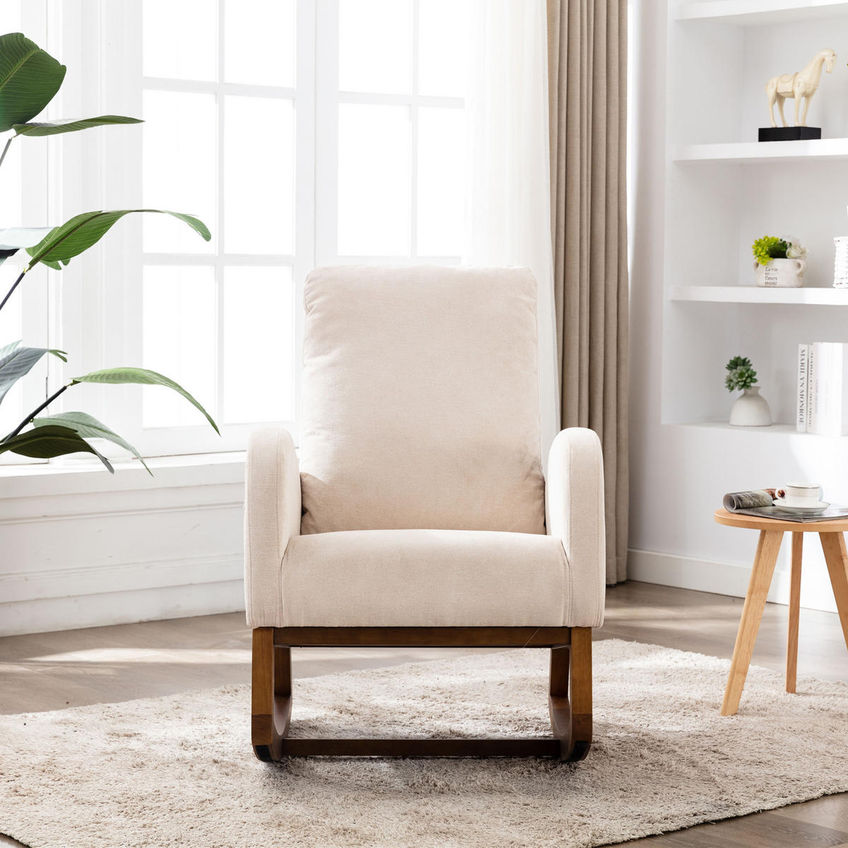 SCHAUKELSTUHL Leinen mit hoher Rückenlehne, Seitentasche 69/94/101 cm Beige bis 150 kg - Beige, Textil (94/101/69cm) - Redom