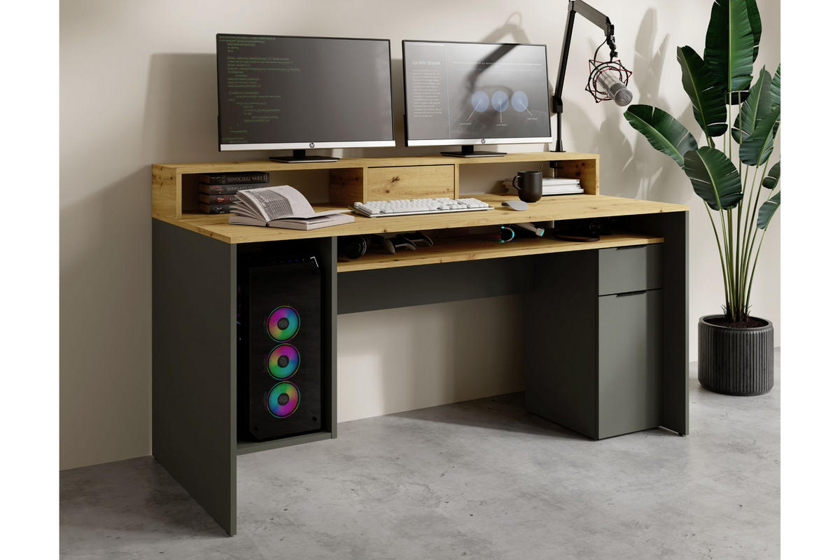 GAMINGTISCH ROX 160 cm breit in Graphit / Eiche Artisan - Graphitfarben/Eiche Artisan, Holzwerkstoff (70/160/92cm) - Deine Möbel 24