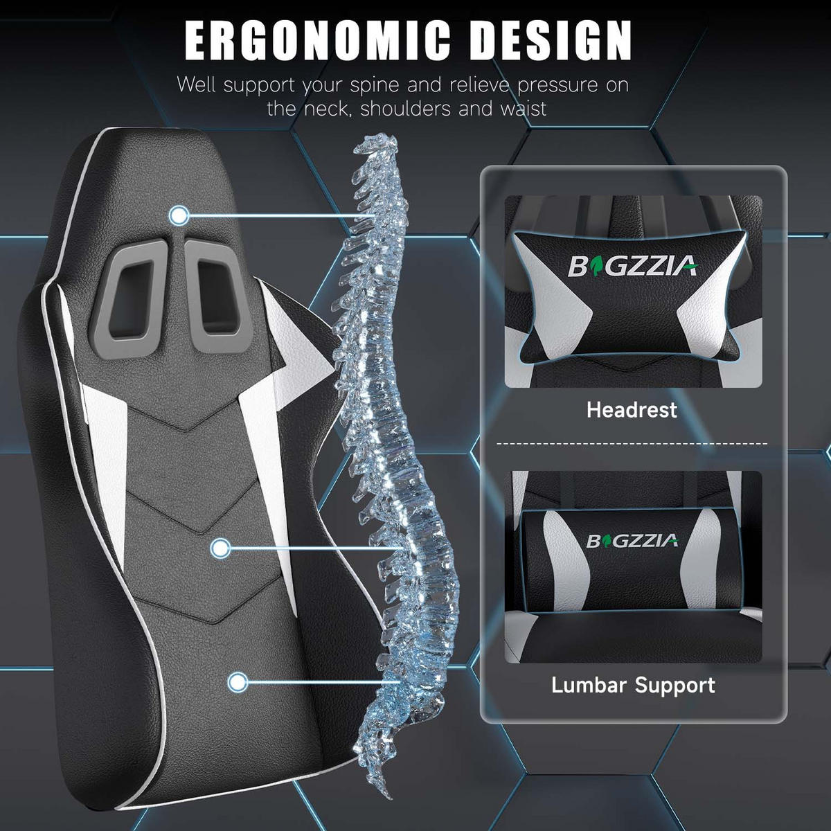 GAMING-STUHL ergonomisch, verstellbare Rückenlehne, Kissen – Schwarz/Weiß - Weiß, Leder (59/120/56cm) - Rattantree