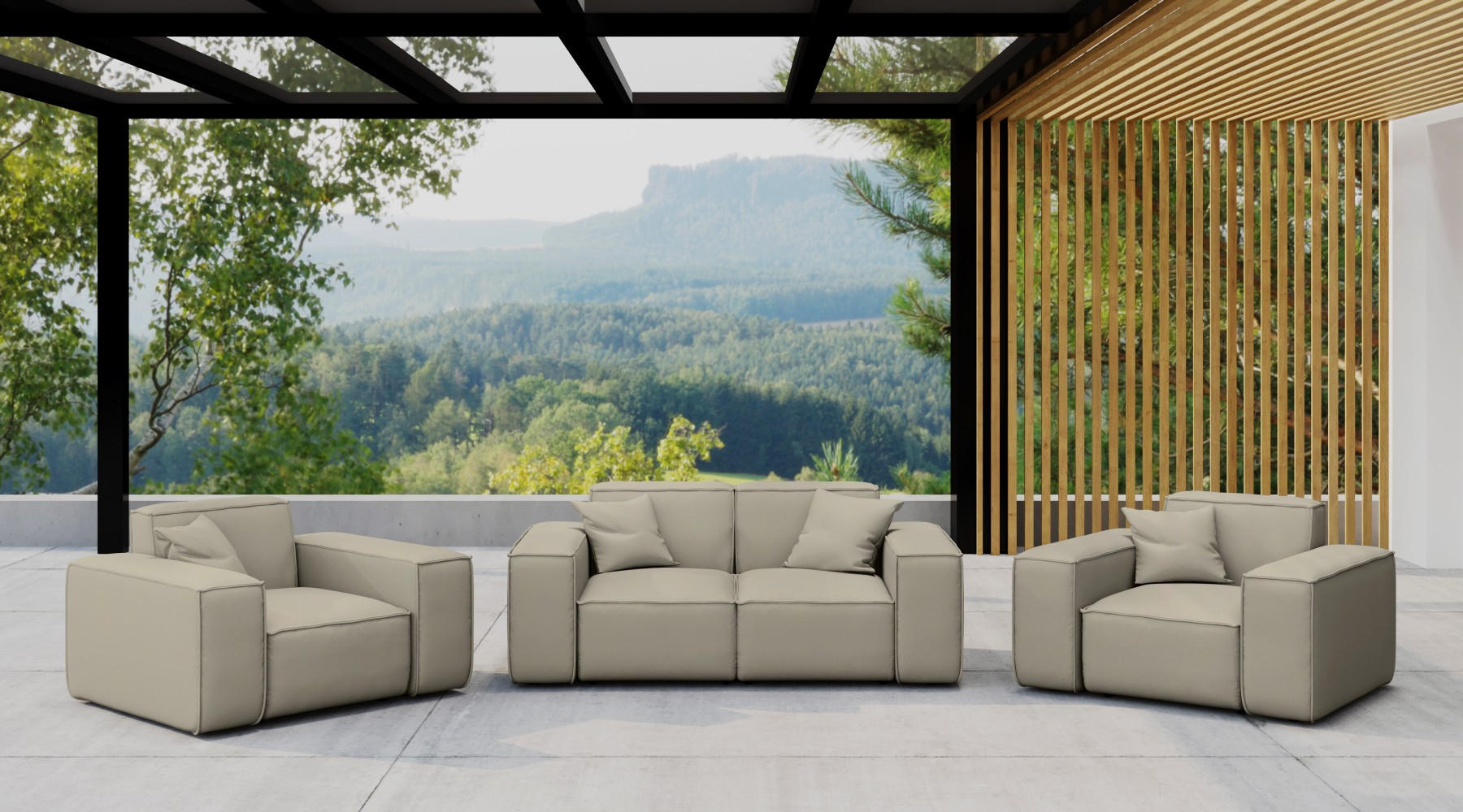 LOUNGEGARNITUR 2 1 1 Gartenmöbel, MALIBU Stoff Odyssey Dunkelbeige - Beige, Holz - Kaiser Möbel