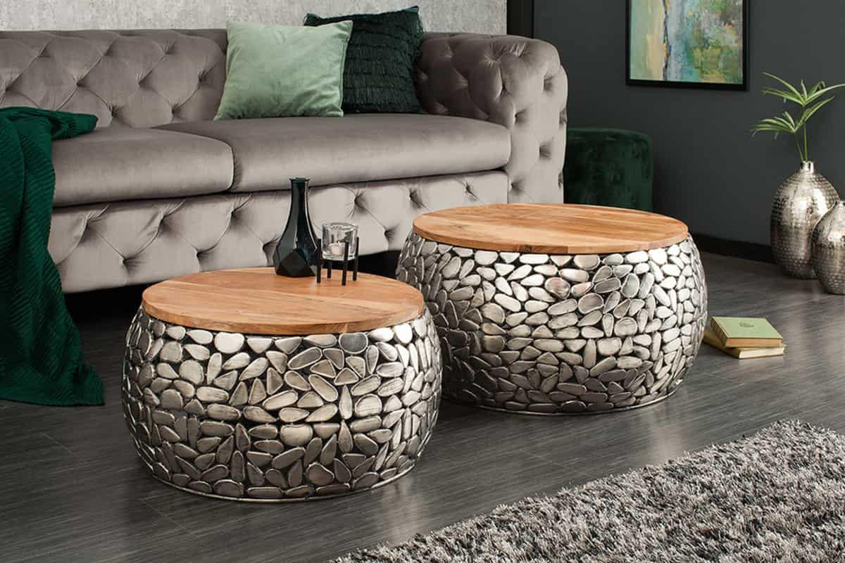 COUCHTISCH STONE MOSAIC Mango Silber 65 cm - Silberfarben/Braun, Holz/Metall (65/65/35cm) - riess-ambiente