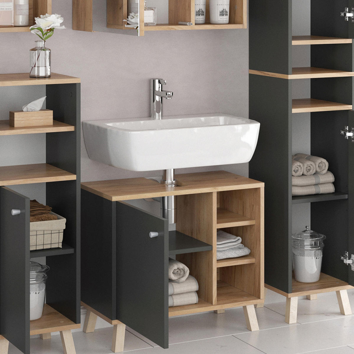 BADMÖBEL-SET Senyo Anthrazit 5 Teile, mit Hochschrank - Honigeiche/Anthrazit, Holzwerkstoff (62/54/32cm) - Vicco