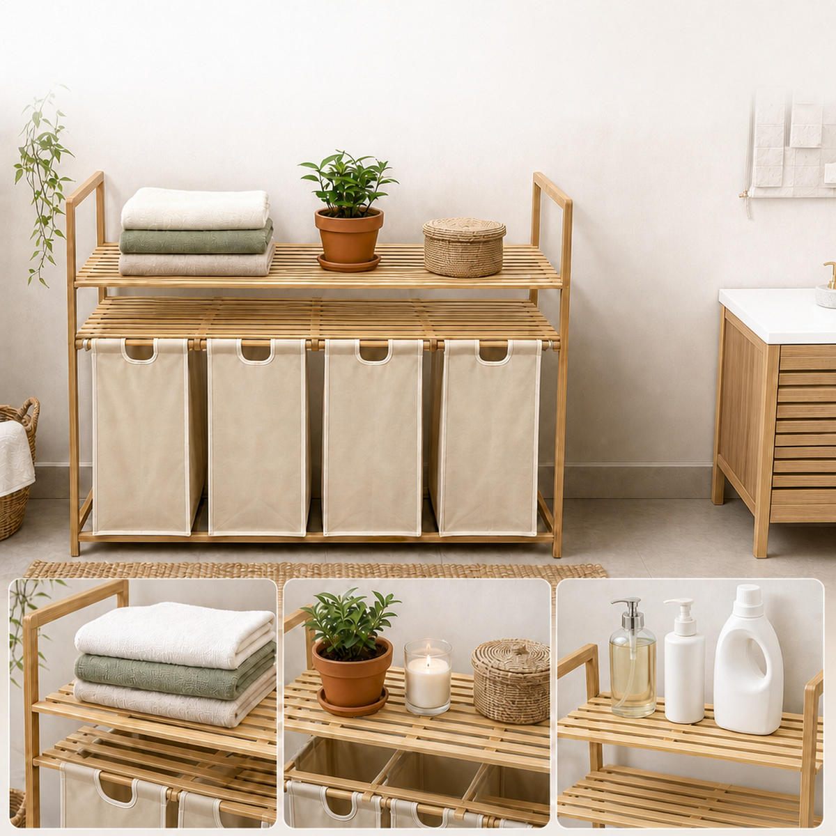 WÄSCHESAMMLER Natur-Beige 4er-Set Bambus - Multicolor, Holz/Textil (103/100/41.5cm) - Relaxdays