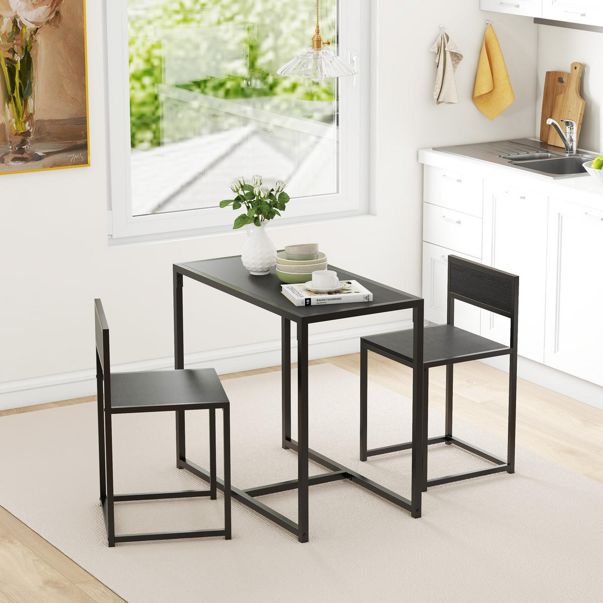 ESSTISCH- und Stuhlset, 3-teilig mit 2 stapelbaren Stühlen, für Küche, Wohnzimmer, Zuhause, schwarz - Brombeere, Metall (90/76/47cm)