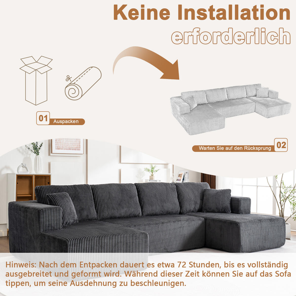 WOHNLANDSCHAFT Cord Grau mit Schlaffunktion und mit Kissen - Grau, Textil (332/88/156cm) - WISHDOR