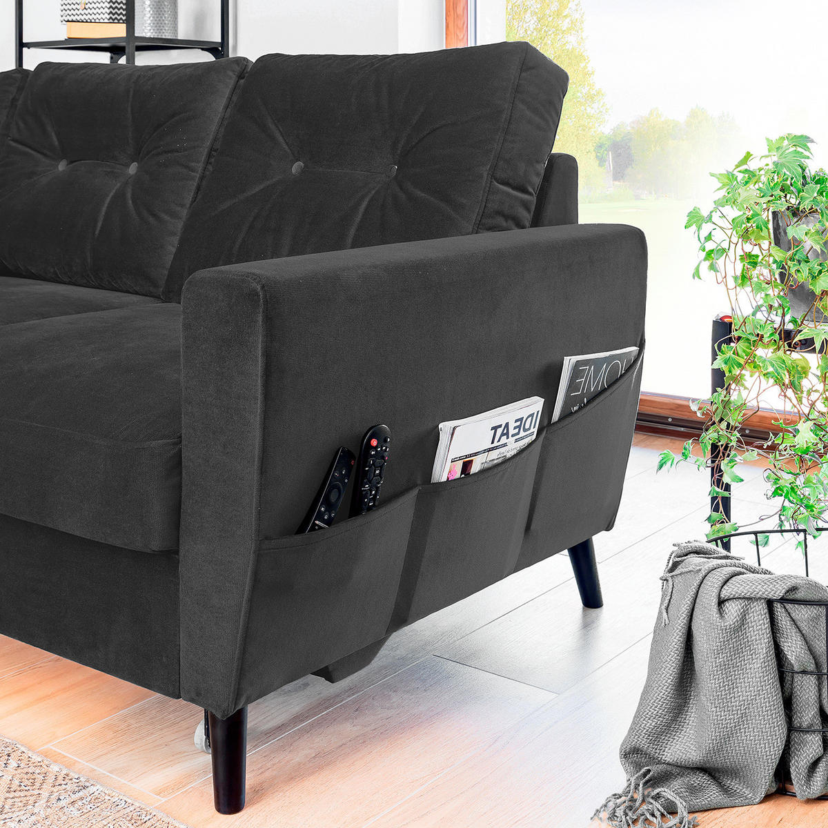 ECKSOFA mit Longchair - Dunkelgrau/Schwarz, Buchenholz/Textil (233/148cm) - home24