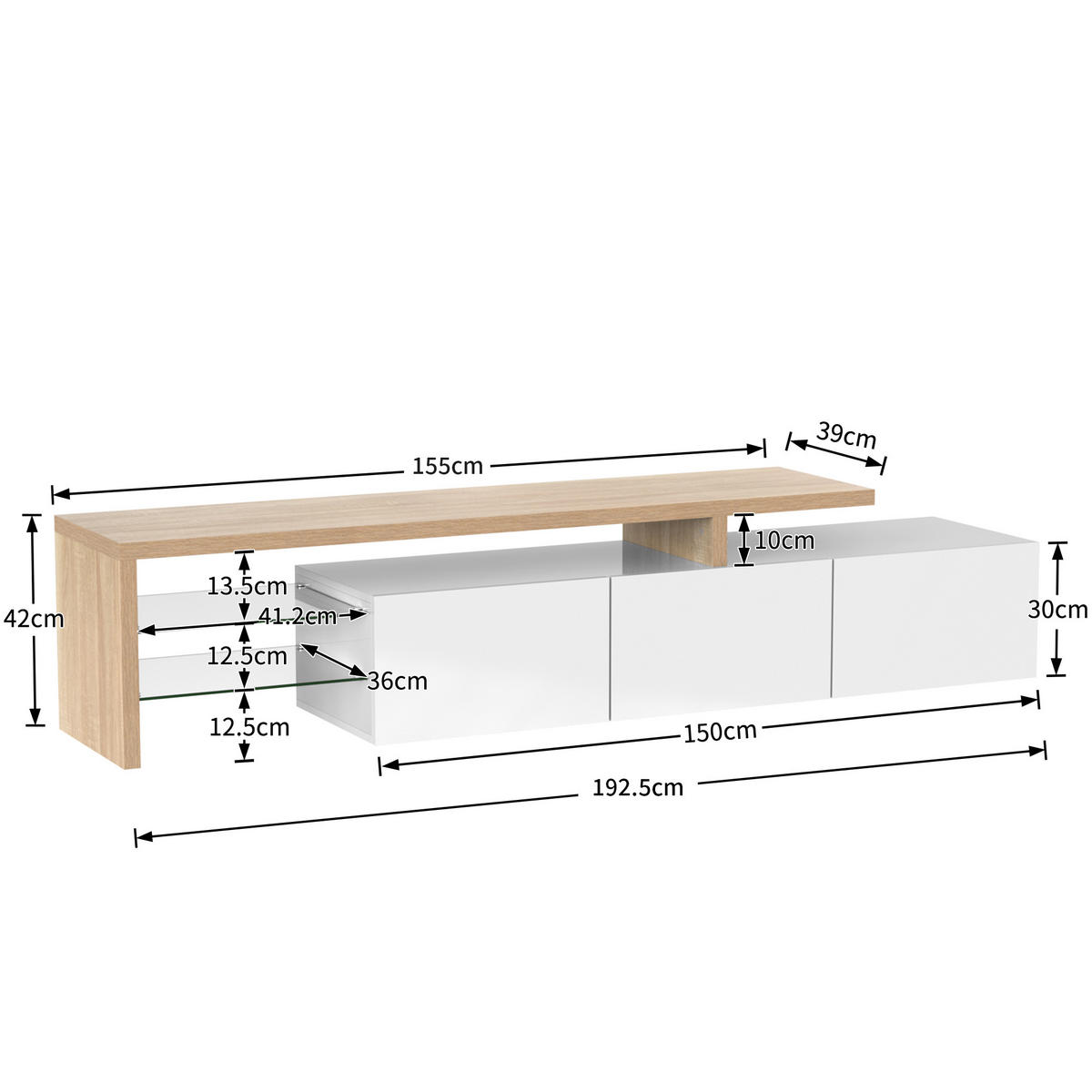 TV-SCHRANK Lowboard Hochglanz Glas LED weiß - Naturfarben, Holz (197.5/42/39cm) - Fortuna Lai