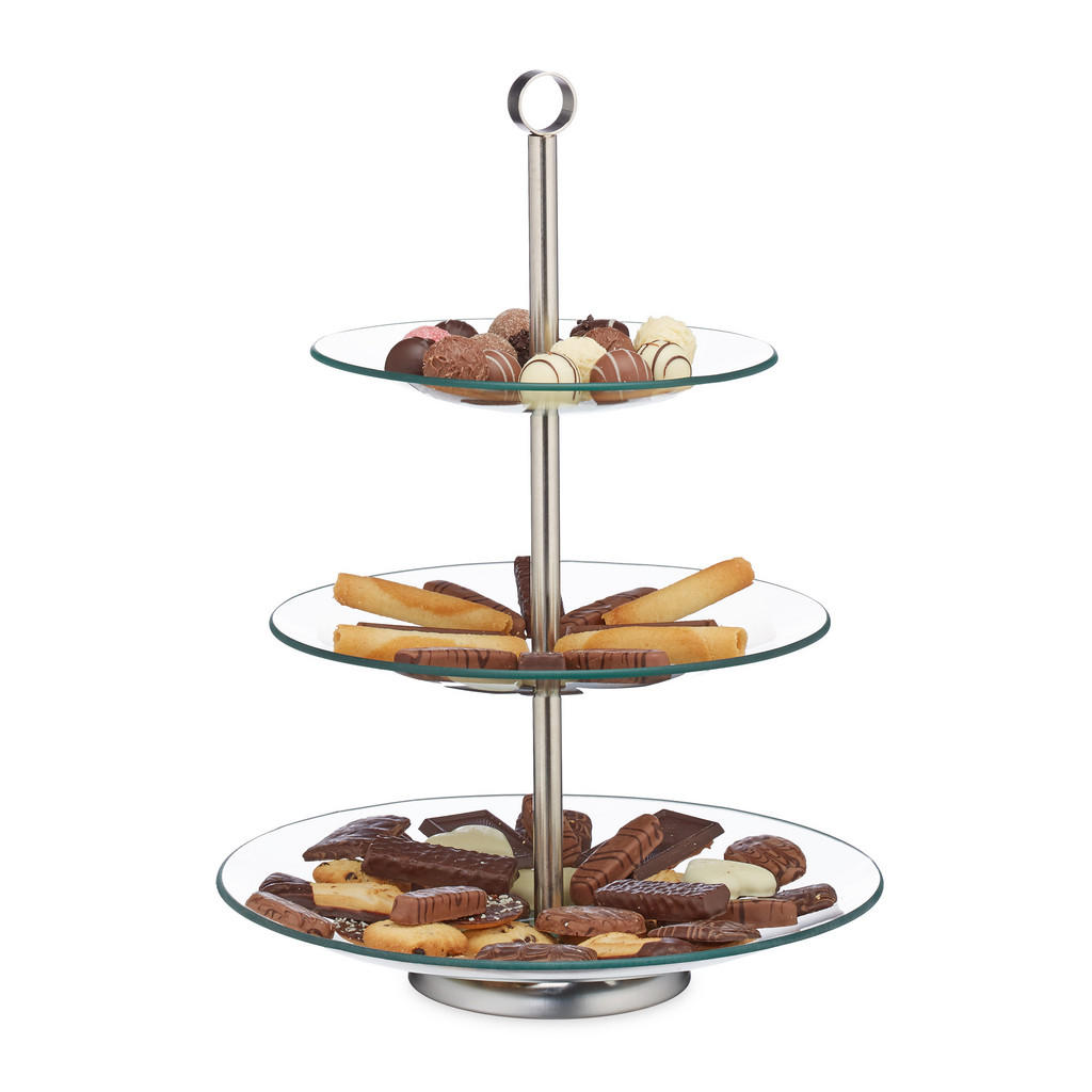 Relaxdays ETAŽÉR Transparentní Stříbrný 3-patrový Sklo Nerezová ocel V 40 cm