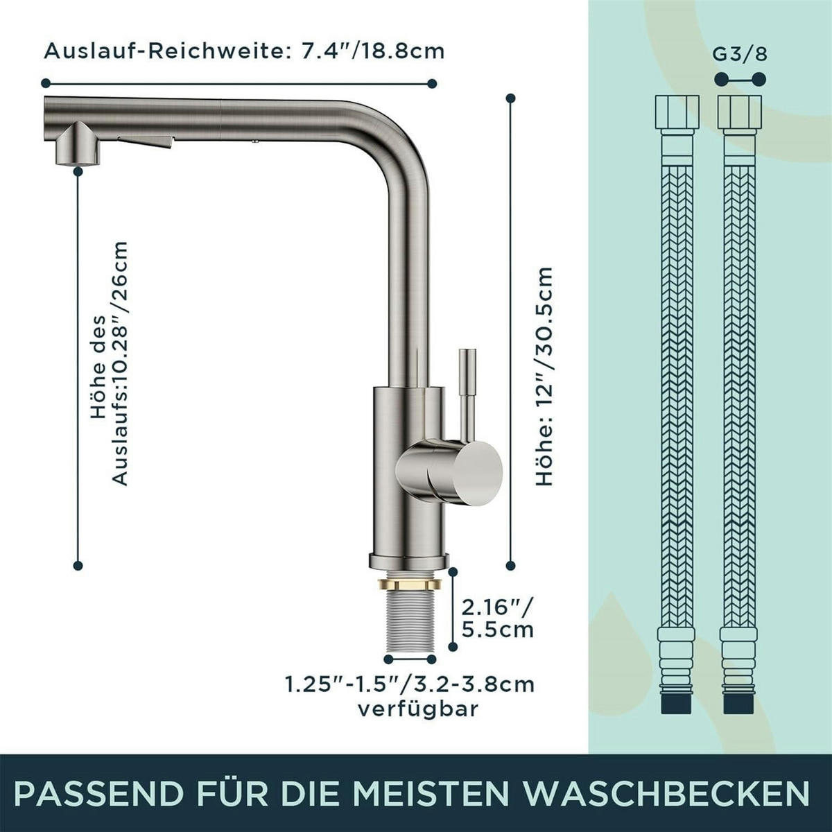 KÜCHENARMATUR mit ausziehbarer Brause, 360° schwenkbar, Edelstahl - Silberfarben, Metall (5/30/18cm)