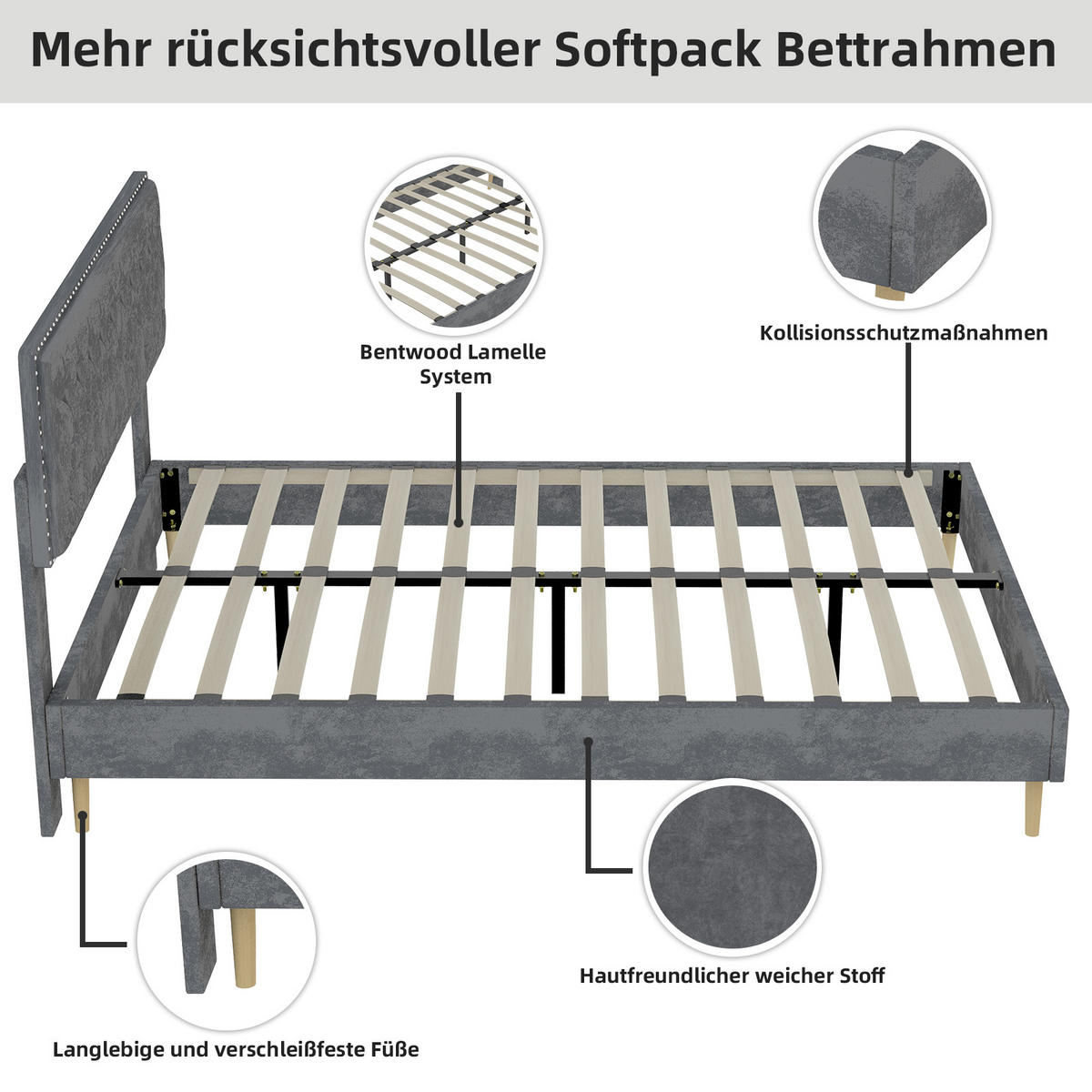 POLSTERBETT 140x200 cm Samt ohne Stauraum grau - Grau, Textil (140/200cm) - LEBENLANG