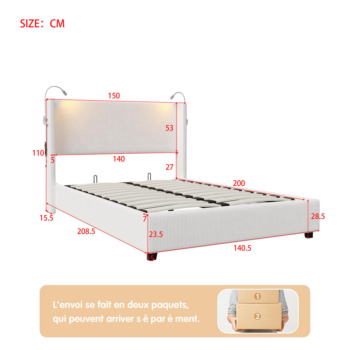 POLSTERBETT 140x200 cm, Beige, Leselichte - Beige, Textil/Metall (140/200cm)
