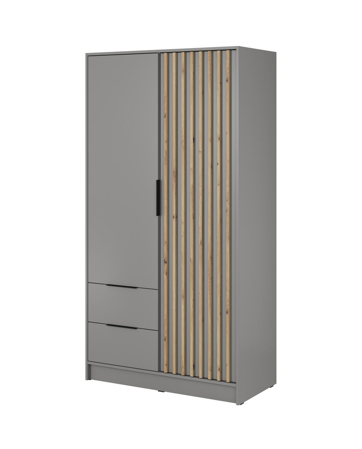 KLEIDERSCHRANK Nelly Grau, Artisan Eiche Lamellen, Schrank Zweitürige, Garderobe mit Schubladen - Grau, Holzwerkstoff (105/200/51cm) - Bettso