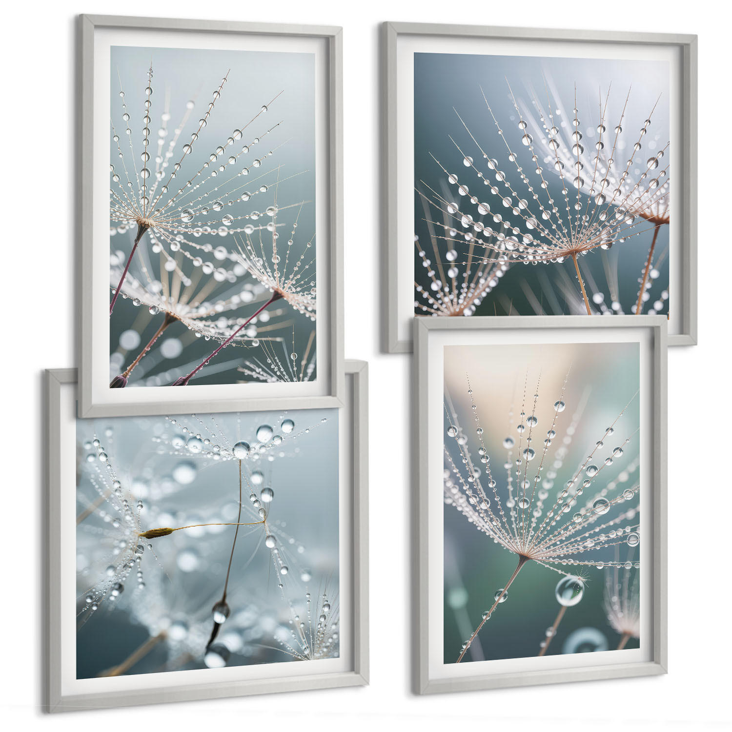 BILDER SET 4er Set - 50x50 cm & 40x60 cm Silberner Rahmen - Wassertropfen auf Löwenzahnsprossen - Silberfarben, Kunststoff (50/50cm) - TULUP