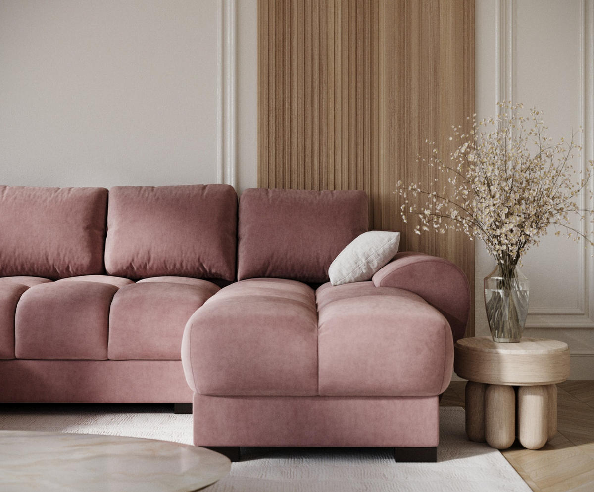 WOHNLANDSCHAFT Peebles Rosa Samtstoff - Pink/Schwarz, Holz/Holzwerkstoff (330/90/175cm) - Maison de Reve